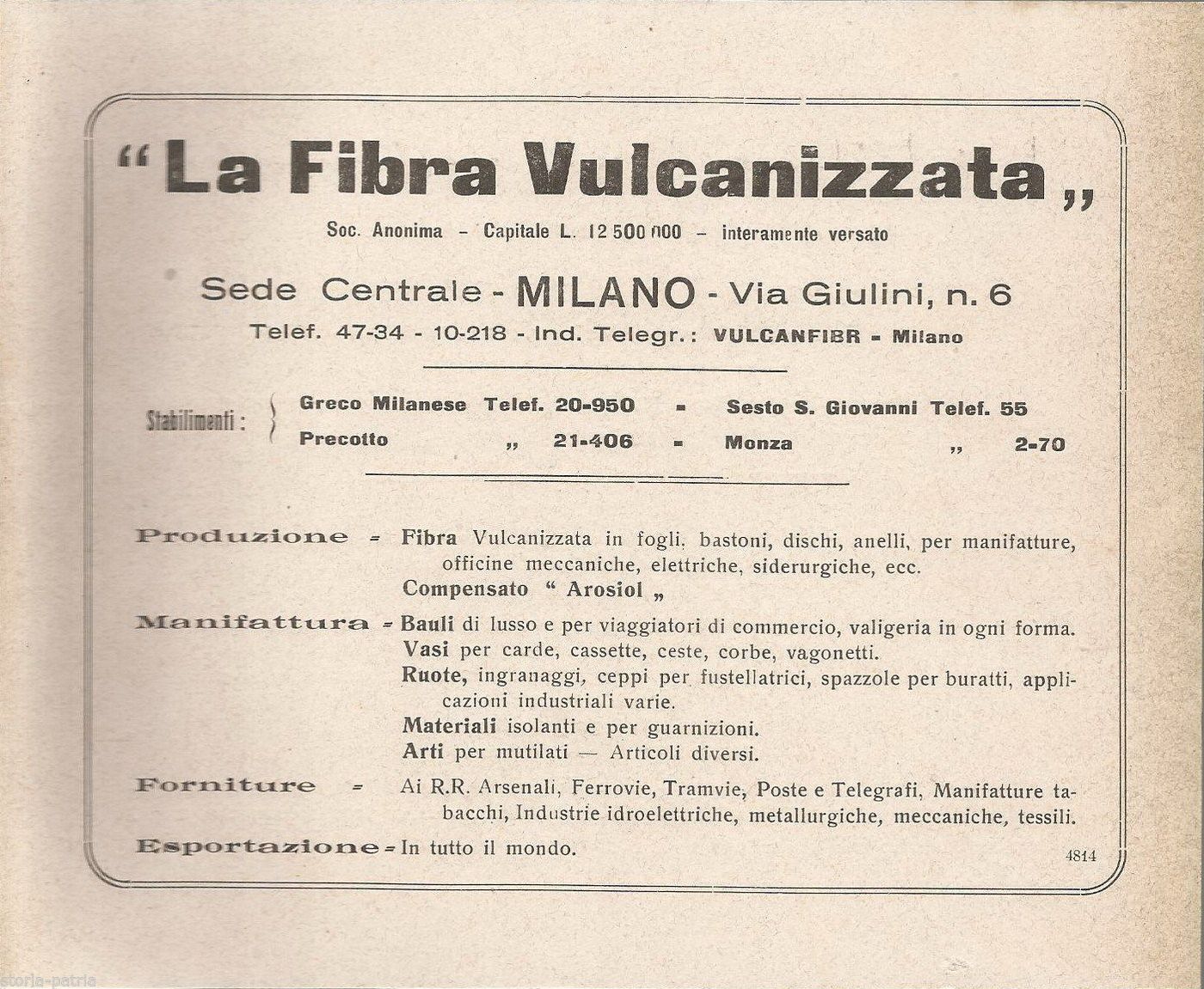 Stampa Pubblicitaria La Fibra Vulcanizzata Milano Greco 1922