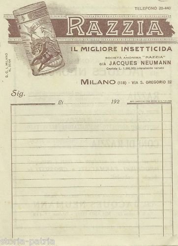 Carta Intestata Insetticida Razzia Neumann Milano, Anni '20