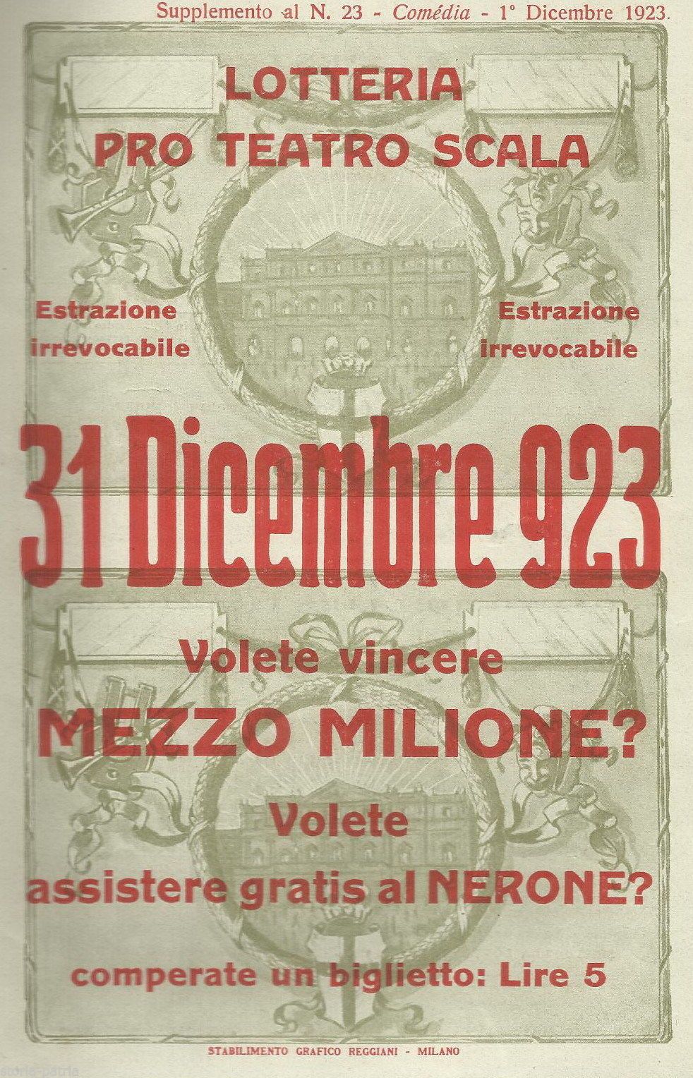 Volantino Lotteria Teatro Alla Scala, Milano 1923, Spettacolo Nerone