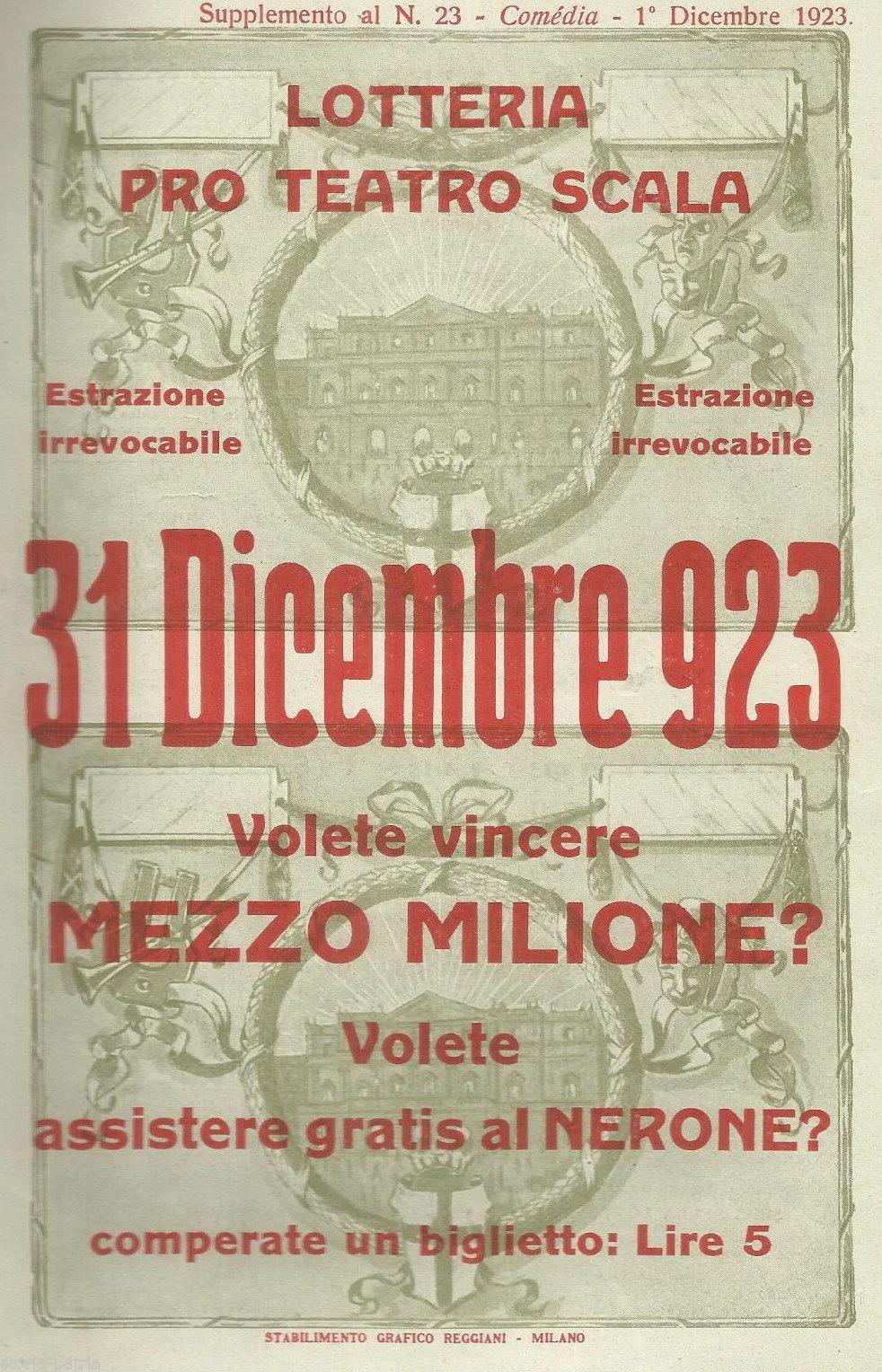 Volantino Lotteria Teatro alla Scala, Milano 1923, Spettacolo Nerone