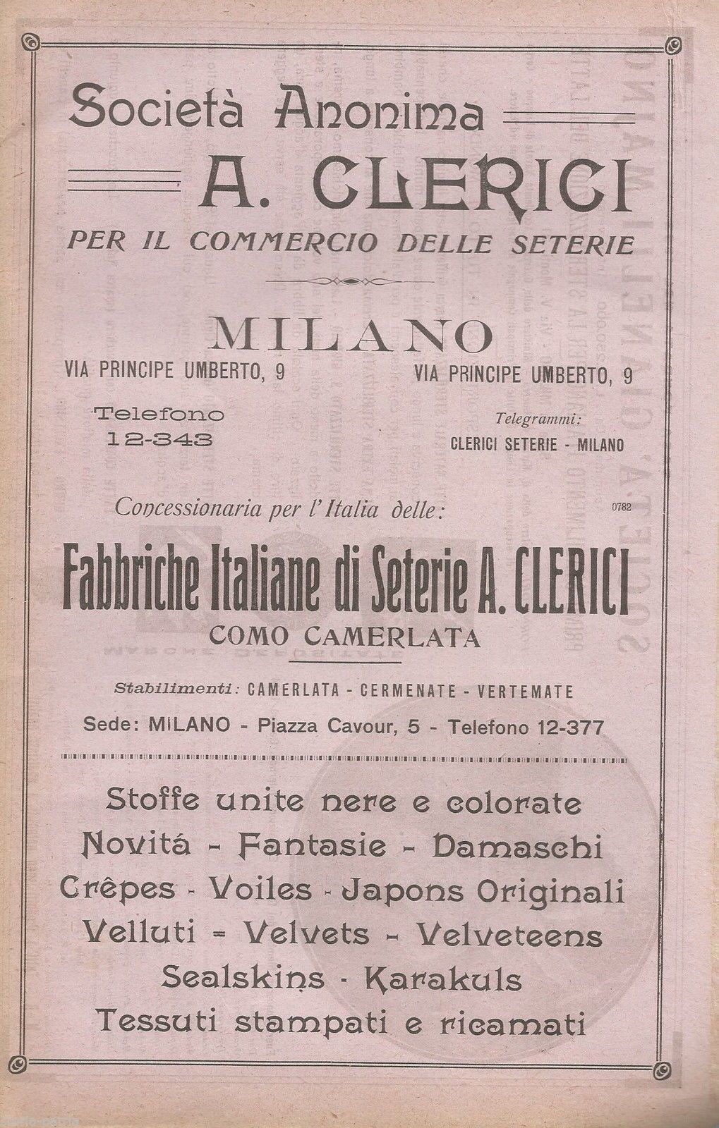 Pubblicità Clerici Seterie E Giannelli Majno Latte, Milano 1922