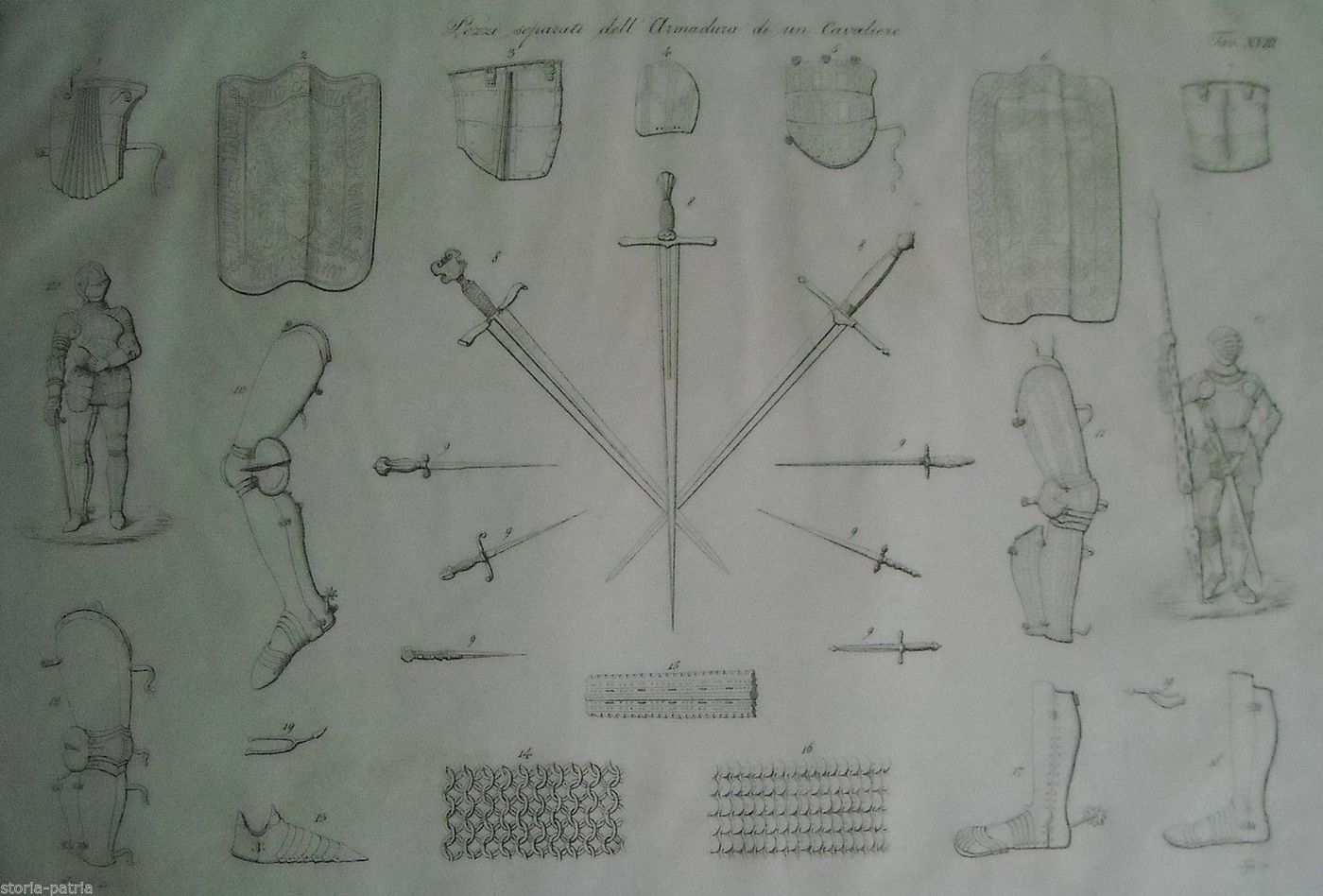 Incisione Armatura Cavaliere Bernati Lago 1840 Spade Scudi