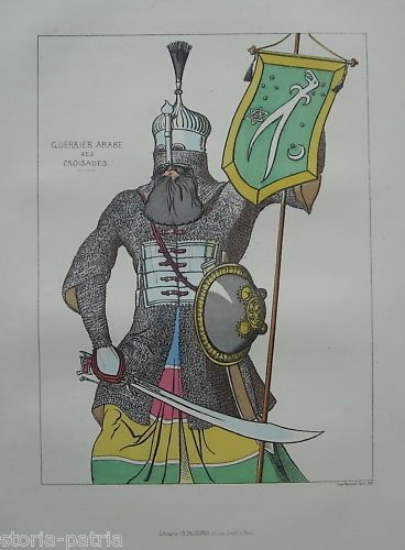Stampa Antica Guerriero Arabo Crociate Cromolitografia XIX Secolo