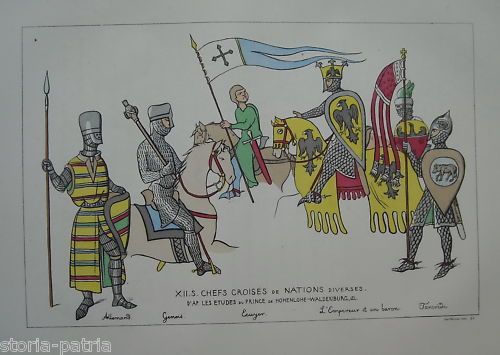 Stampa Cavalieri Crociati XII Secolo, Cromolitografia Araldica