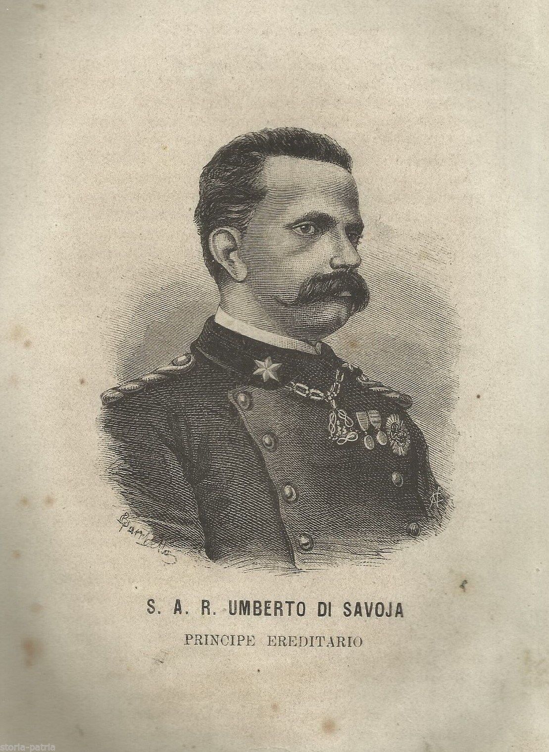 Stampa Antica Di Umberto Di Savoia, Principe Ereditario, Ritratto Del XIX Secolo