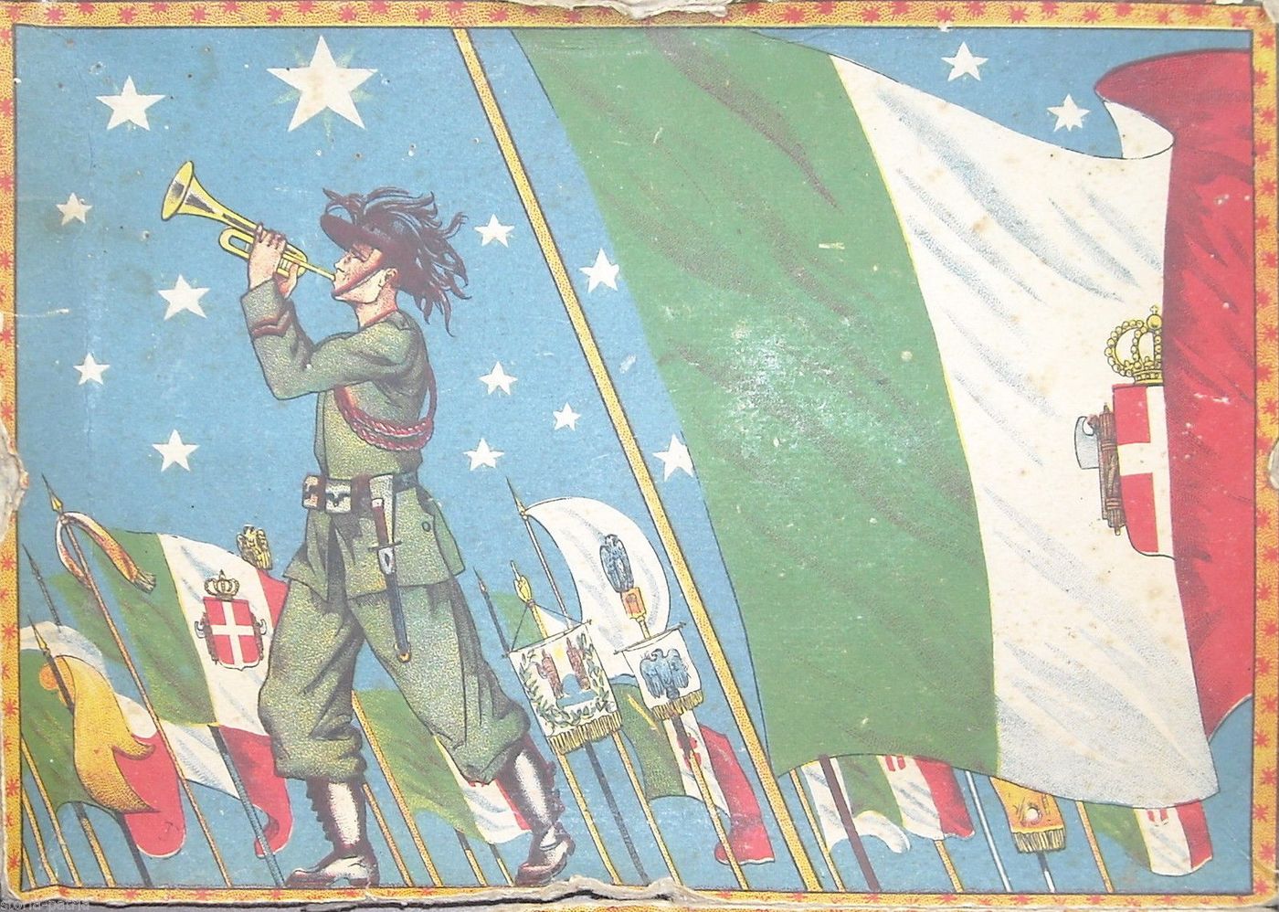 Stampa Bersagliere Con Tricolore Savoia E Vessilli Coloniali, 1920