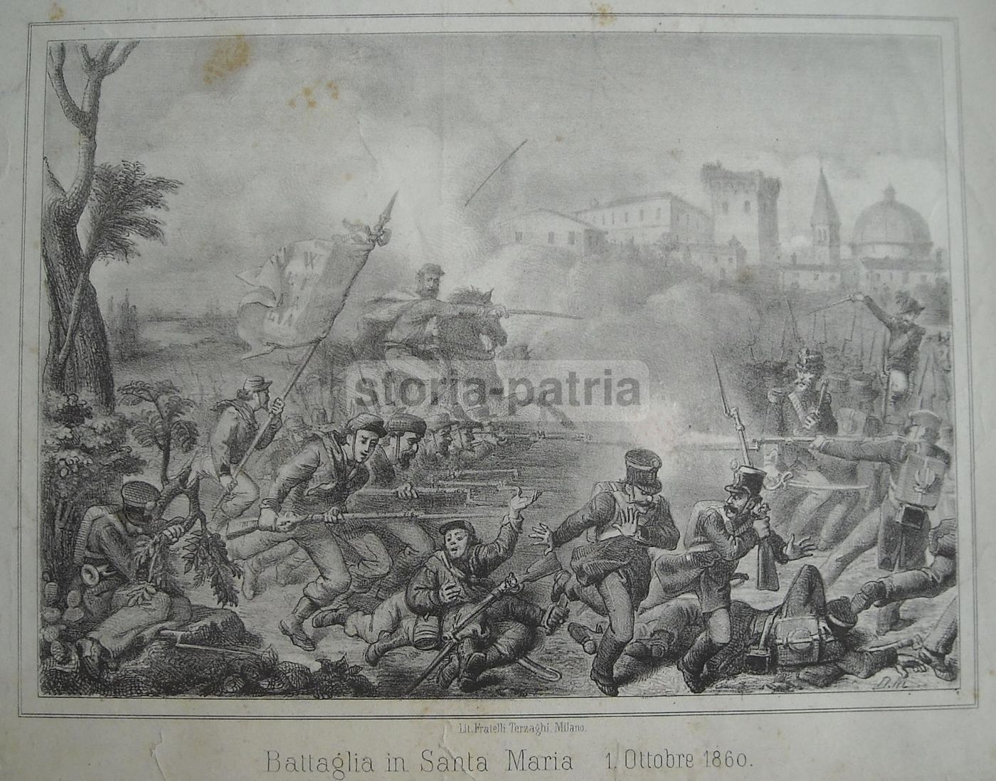 Stampa Litografica Della Battaglia Di Santa Maria Sul Volturno, 1860