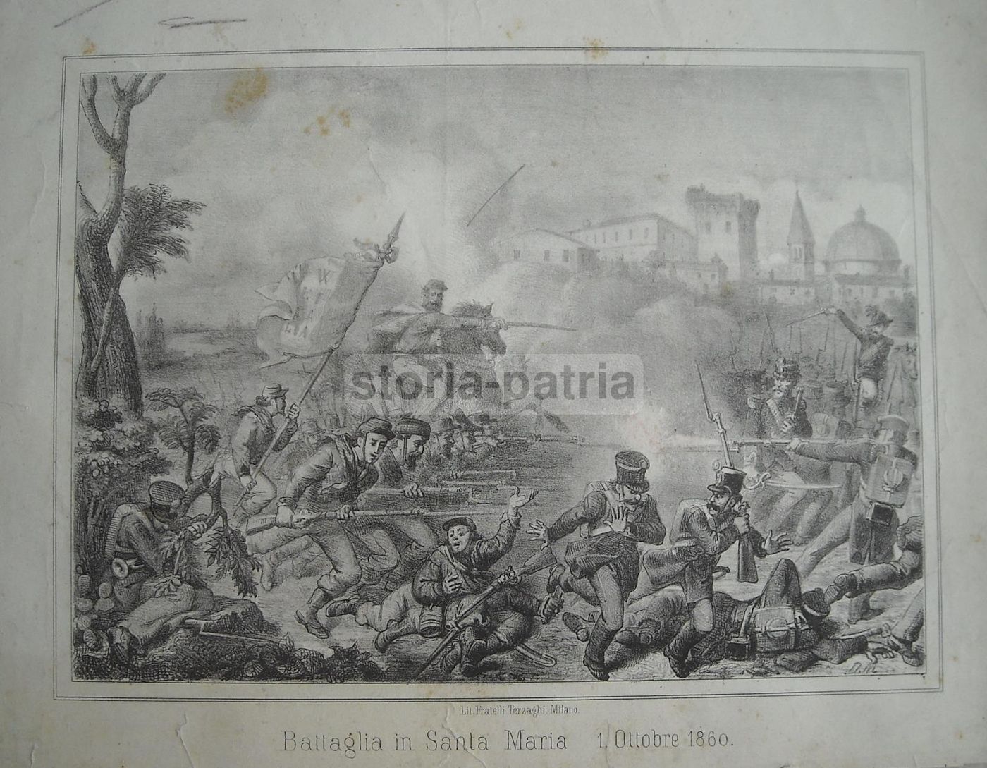 Stampa Litografica Della Battaglia Di Santa Maria Sul Volturno, 1860