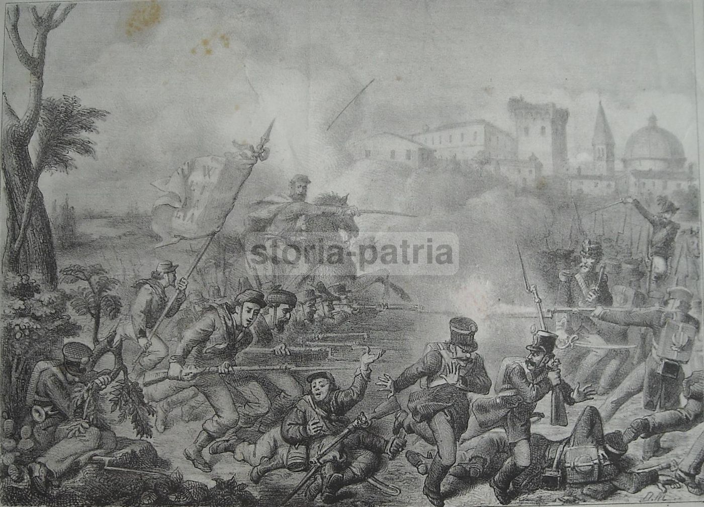 Stampa Litografica Della Battaglia Di Santa Maria Sul Volturno, 1860