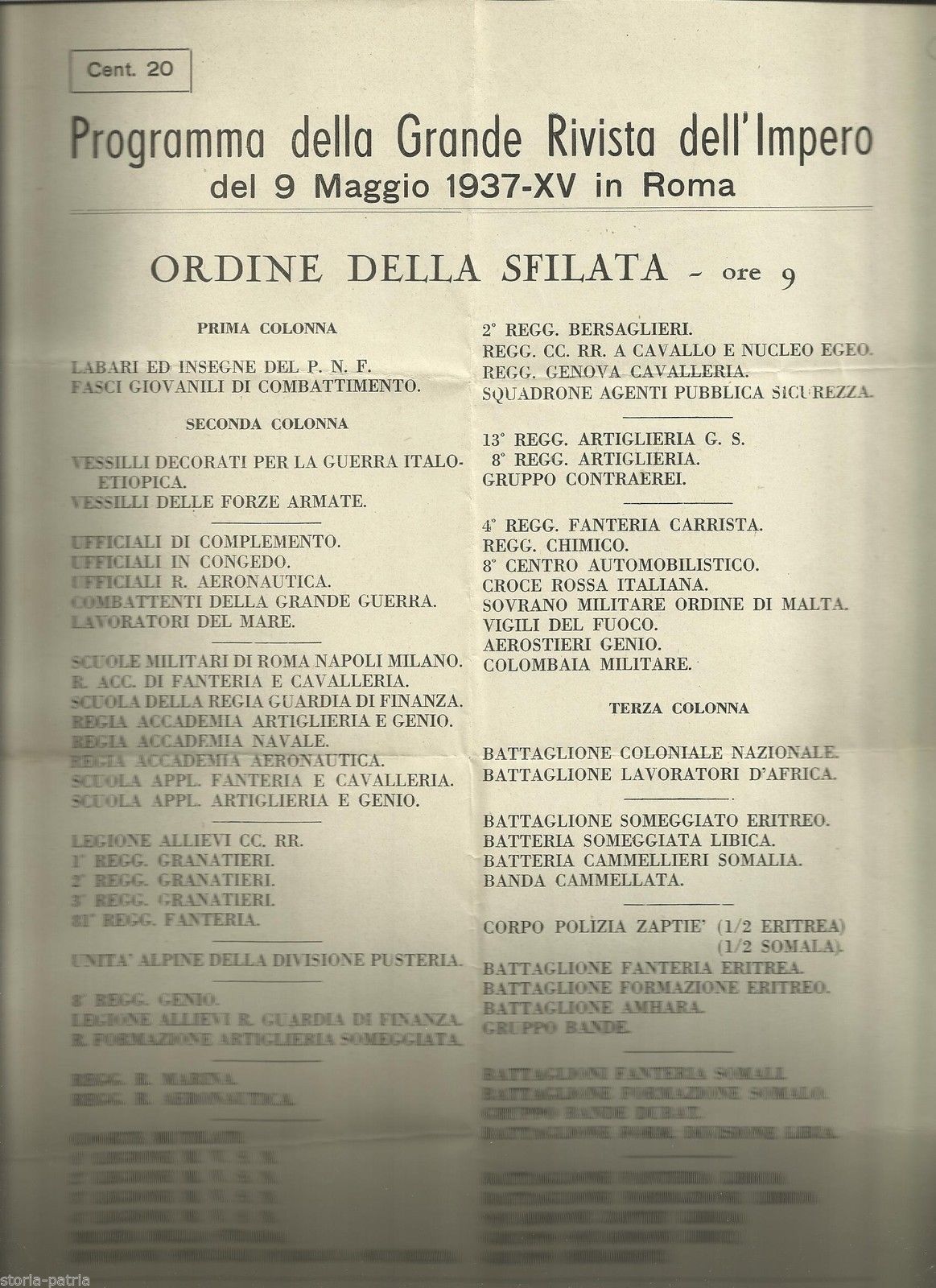 1937 Programma Grande Rivista Dell'Impero Foglio Volante Roma