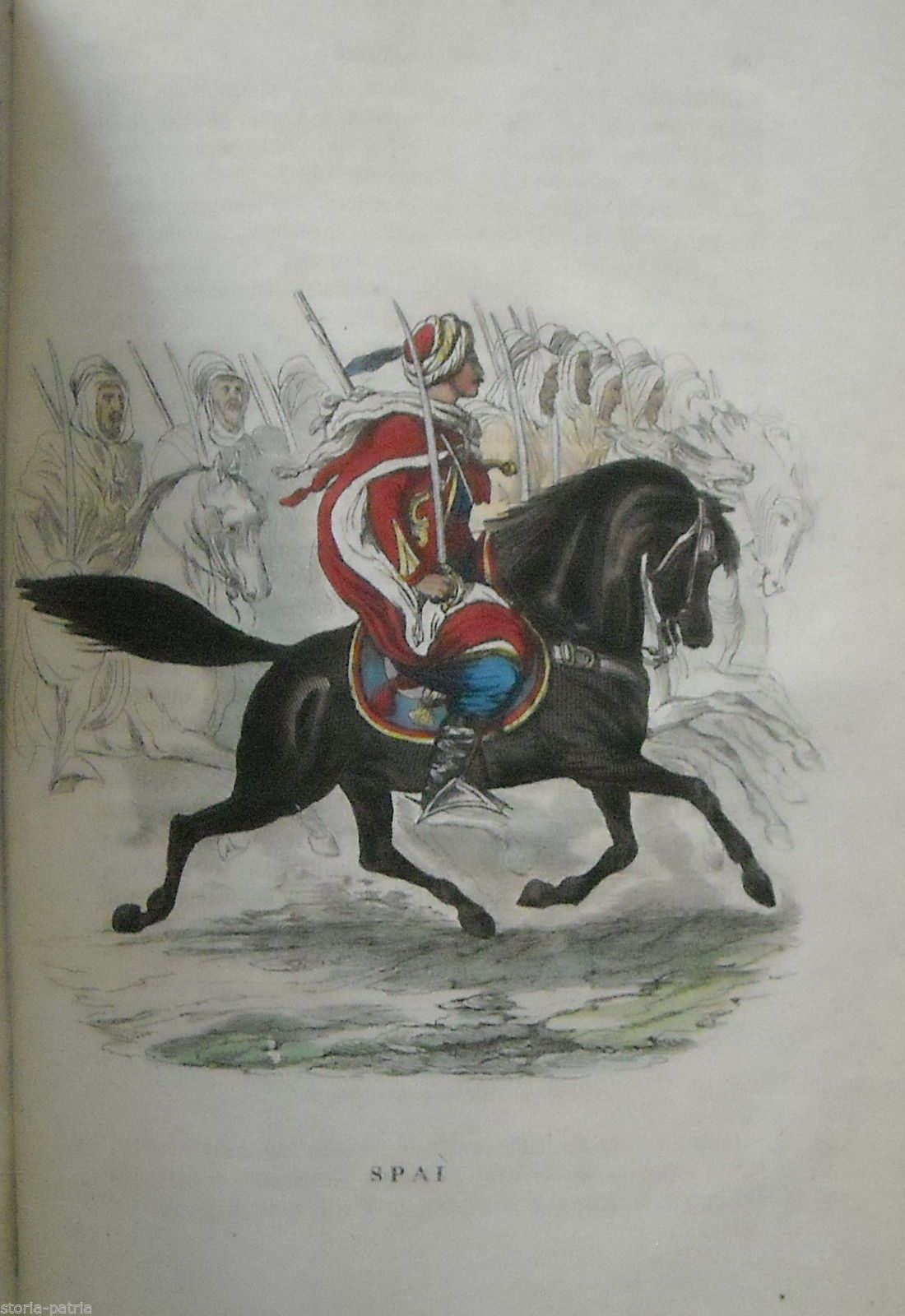 Litografia Antica Colorata Soldato Spahi A Cavallo, Africa 1800