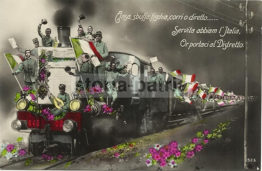 Cartolina d'Epoca: Treno A Vapore Con Militari In Congedo, Anni '20