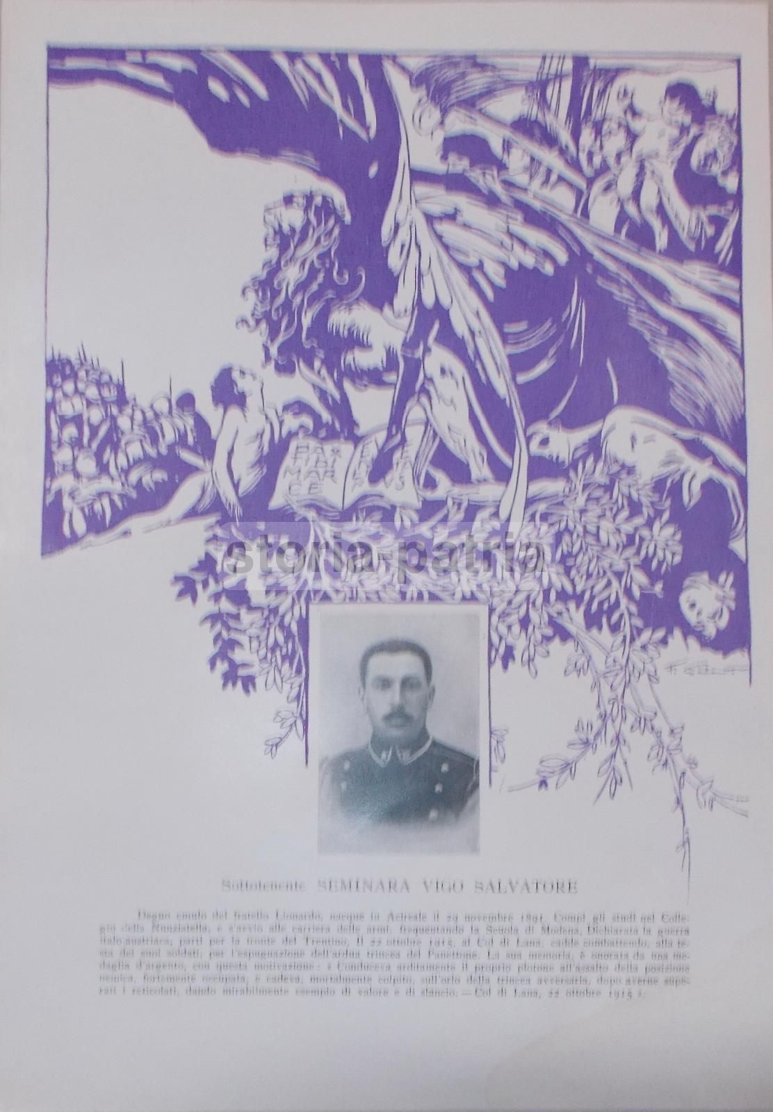 Stampa Commemorativa Della Grande Guerra, Sottotenente Salvatore Seminara Vigo (Acireale). Illustrazione Di Francesco Galante.