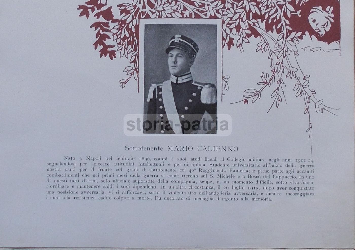 Stampa Commemorativa Sottotenente Mario Calienno Grande Guerra