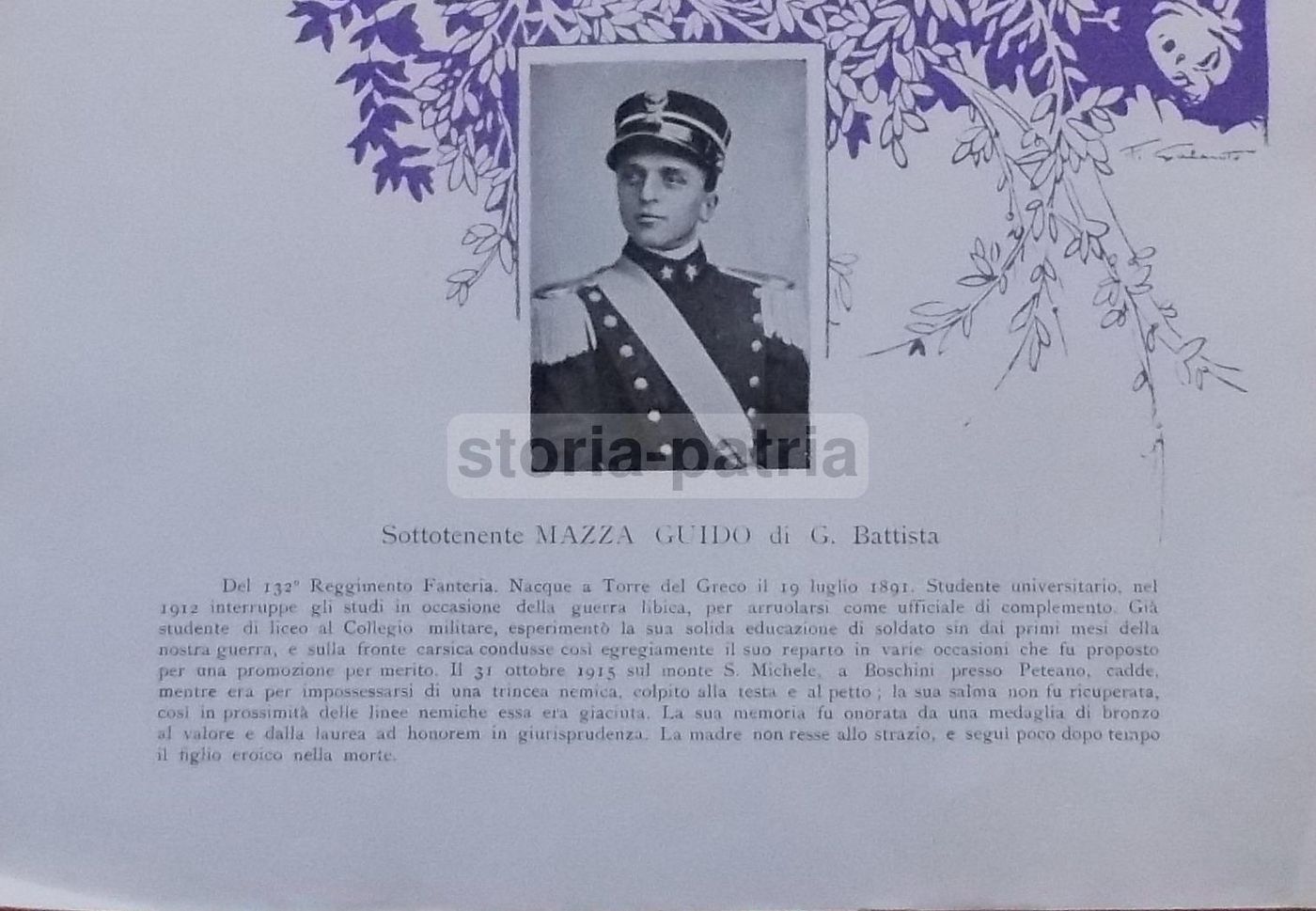 Stampa Commemorativa Sottotenente Guido Mazza Grande Guerra Napoli