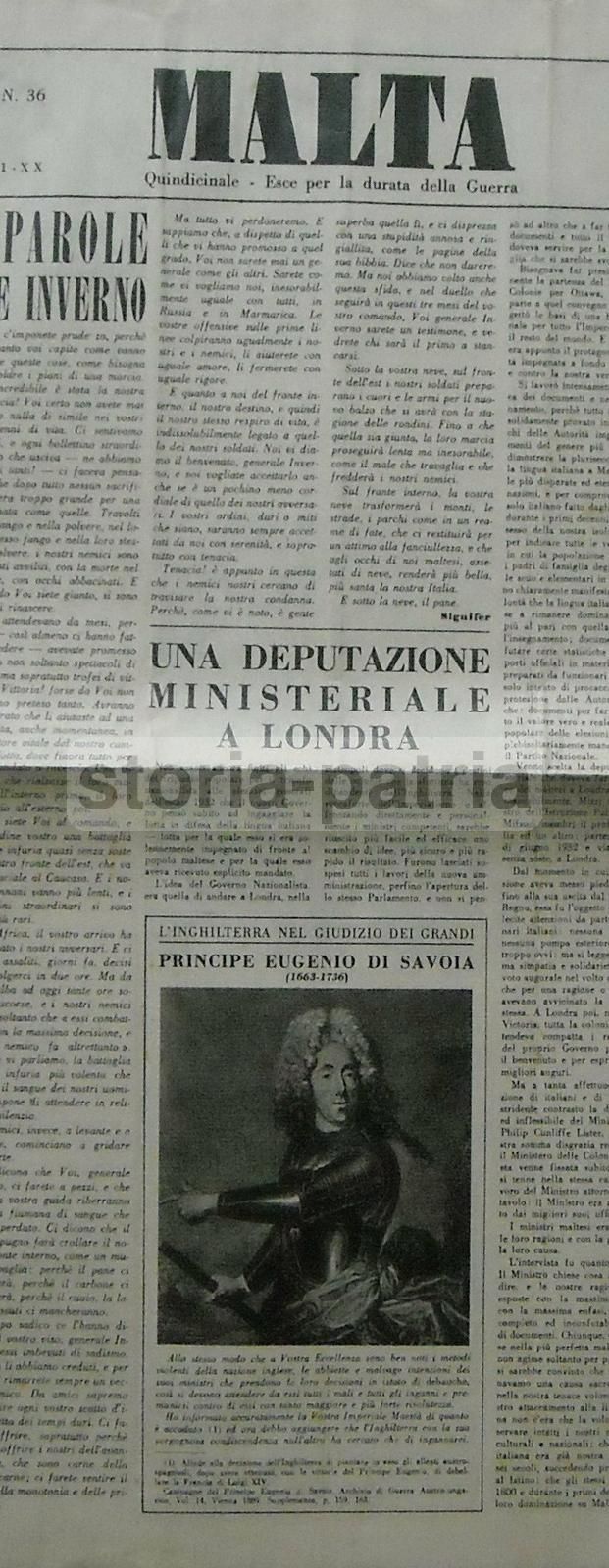 Giornale Malta, 1 Dicembre 1941. Articoli Su Palazzo Verdala, Garibaldi E Il Porto Di Marsamuscetto