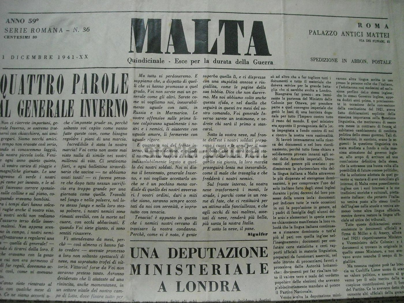 Giornale Malta, 1 Dicembre 1941. Articoli Su Palazzo Verdala, Garibaldi E Il Porto Di Marsamuscetto