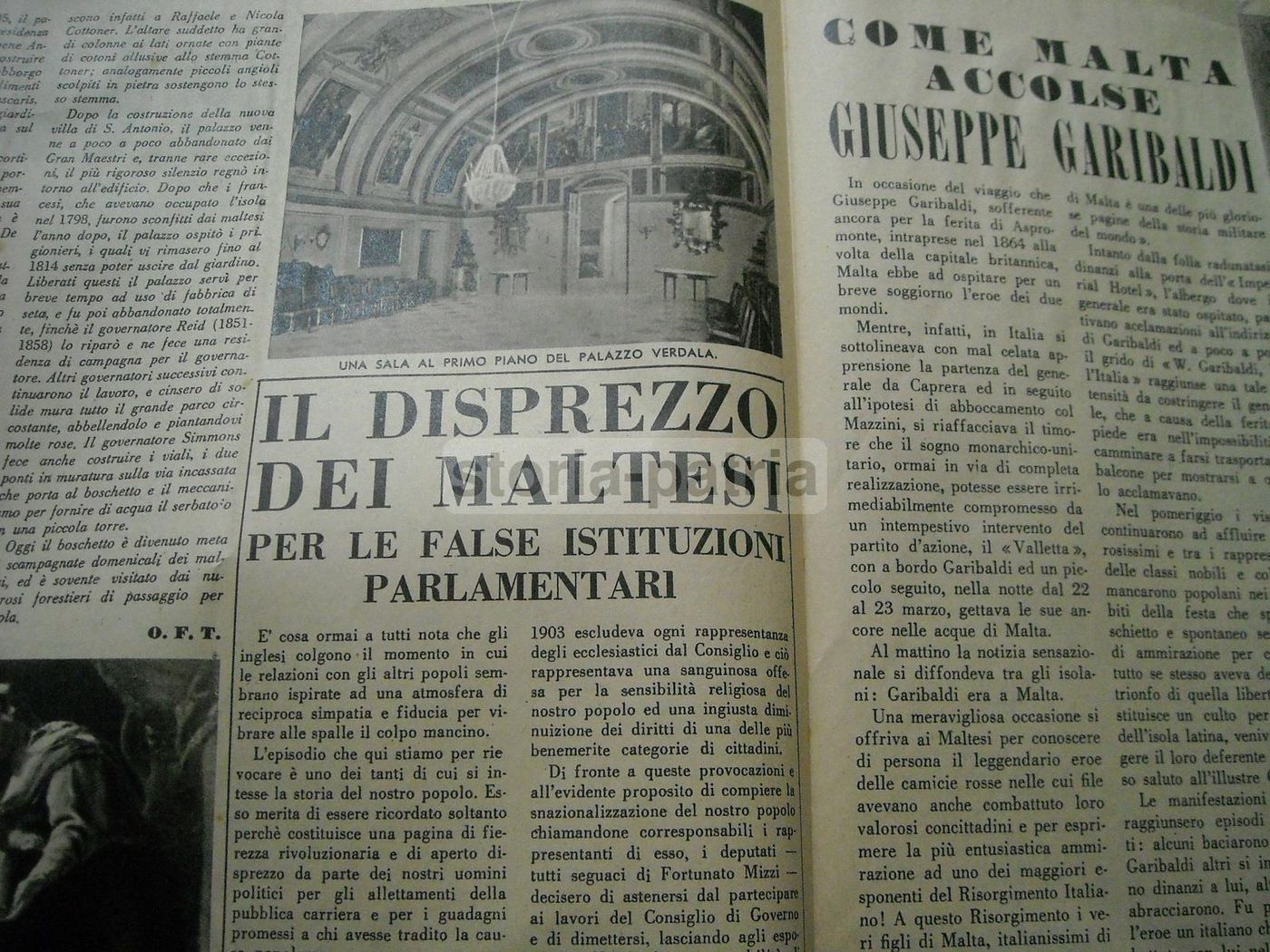 Giornale Malta, 1 Dicembre 1941. Articoli Su Palazzo Verdala, Garibaldi E Il Porto Di Marsamuscetto
