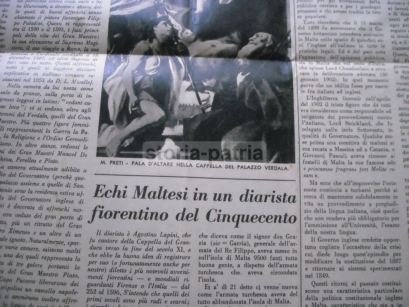 Giornale Malta, 1 Dicembre 1941. Articoli Su Palazzo Verdala, Garibaldi E Il Porto Di Marsamuscetto