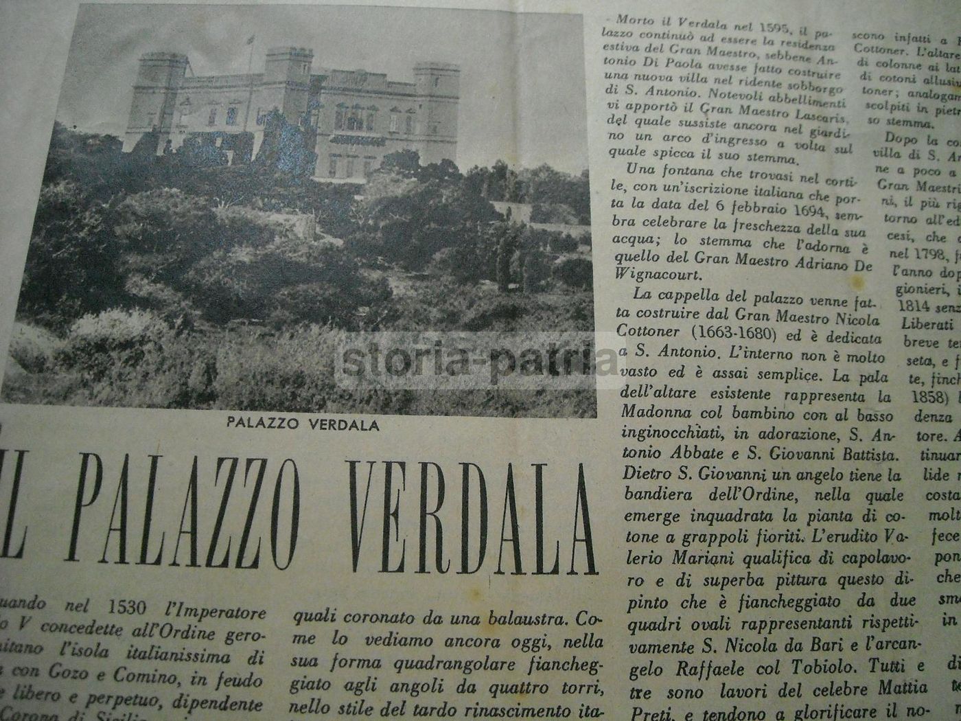 Giornale Malta, 1 Dicembre 1941. Articoli Su Palazzo Verdala, Garibaldi E Il Porto Di Marsamuscetto