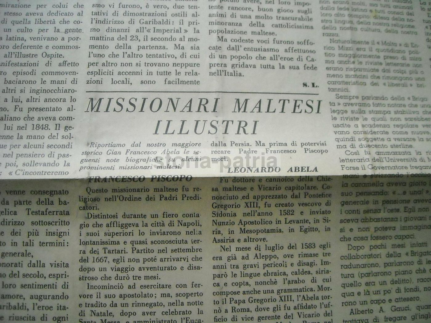 Giornale Malta, 1 Dicembre 1941. Articoli Su Palazzo Verdala, Garibaldi E Il Porto Di Marsamuscetto