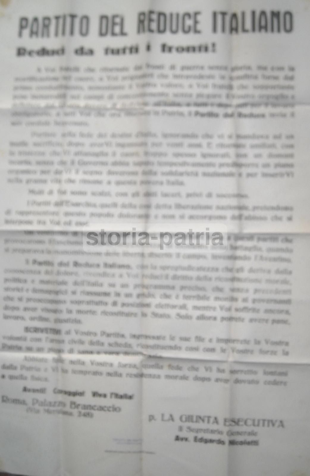 Manifesto Del Partito Del Reduce Italiano Nicoletti, Elezioni Postbelliche