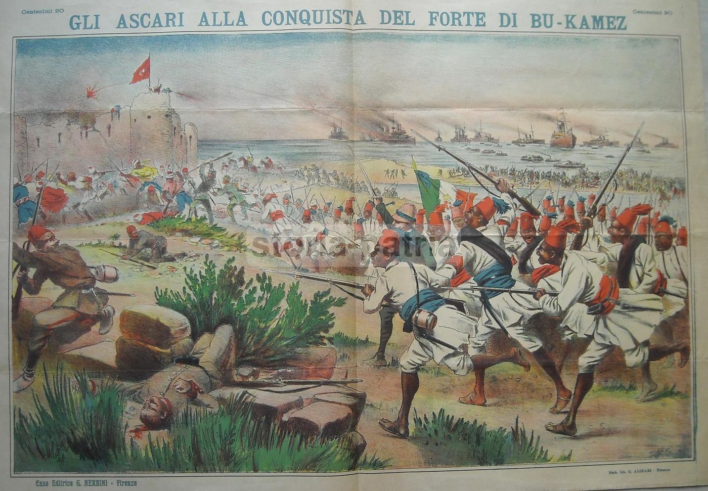 Stampa Antica Battaglia Forte Bu Kamez, Guerra Italo Turca, Alinari