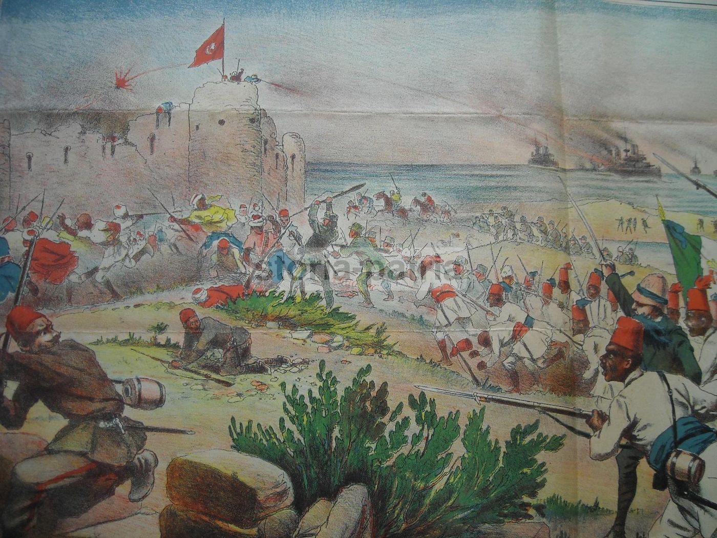 Stampa Antica Battaglia Forte Bu Kamez, Guerra Italo Turca, Alinari