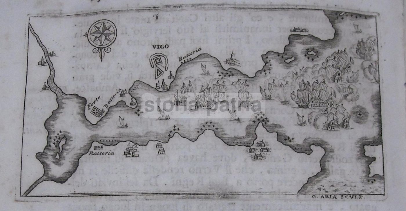 Antica Incisione Battaglia Navale Vigo 1700 Cartografia Militare