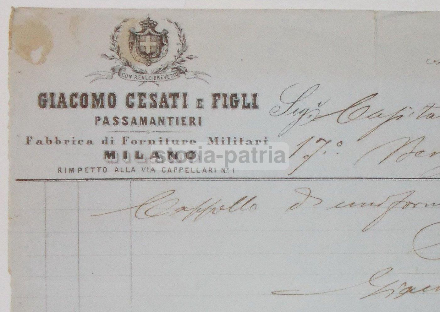 Fattura Giacomo Cesati E Figli Forniture Militari Milano 1864 Cappello Bersaglieri