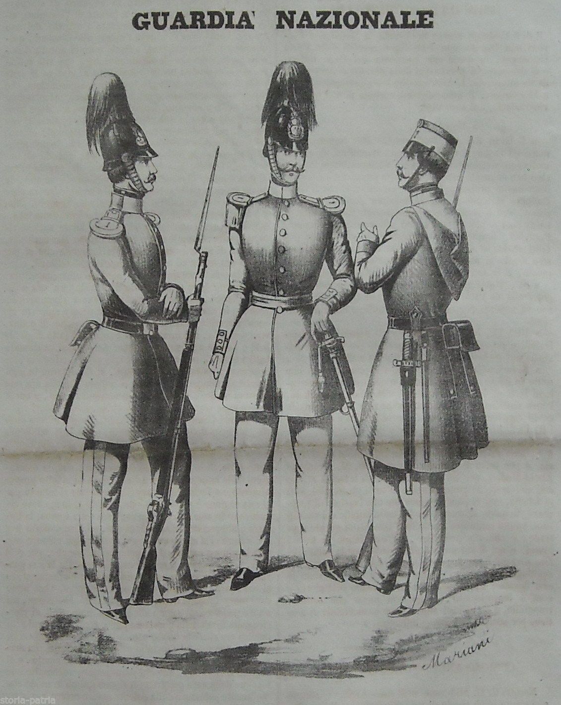 Guardia Nazionale Litografia Originale 1848 Uniformi Risorgimento