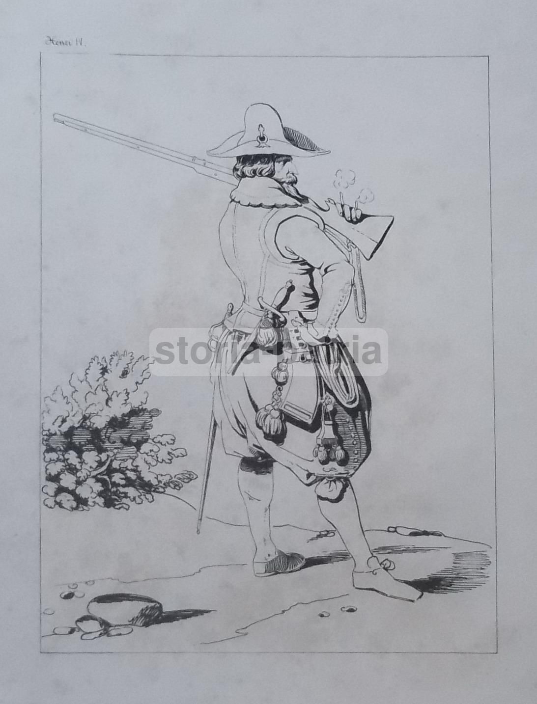 Stampa Antica Soldato Henri IV, Militaria Epoca 1800 Da Collezione