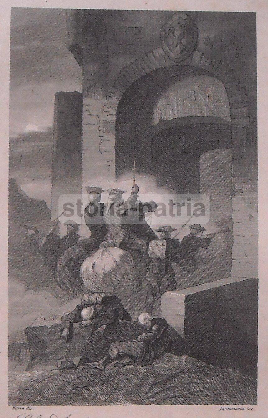 Incisione Antica Velletri: Ingresso Degli Austriaci, Santamaria E Mazza, XIX Secolo
