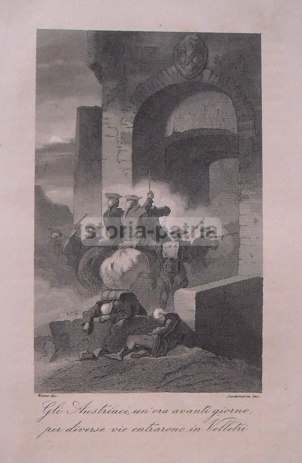 Incisione Antica Velletri: Ingresso Degli Austriaci, Santamaria E Mazza, XIX Secolo