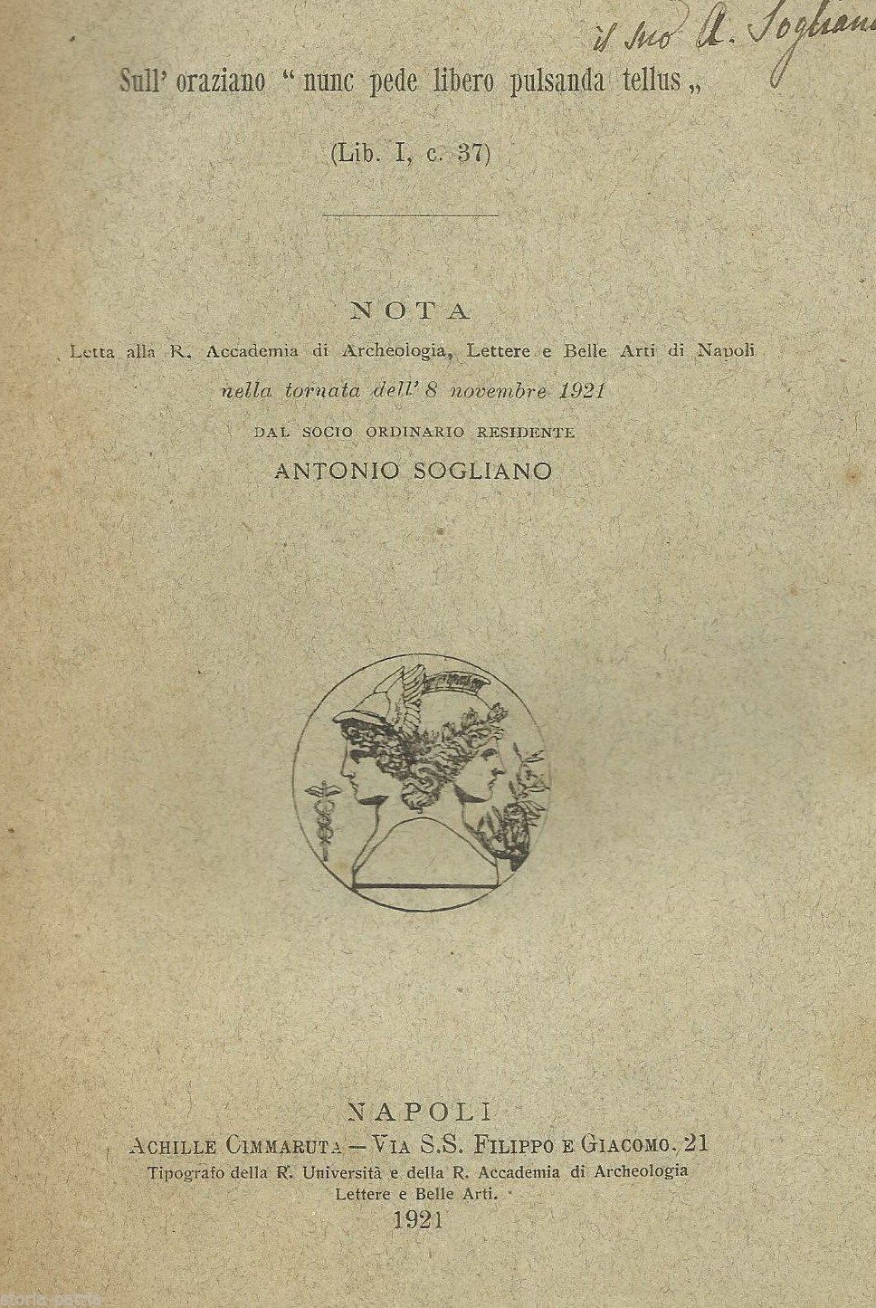 Danza Dei Salii, Orazio. Antonio Sogliano, Napoli, 1921. Autografo