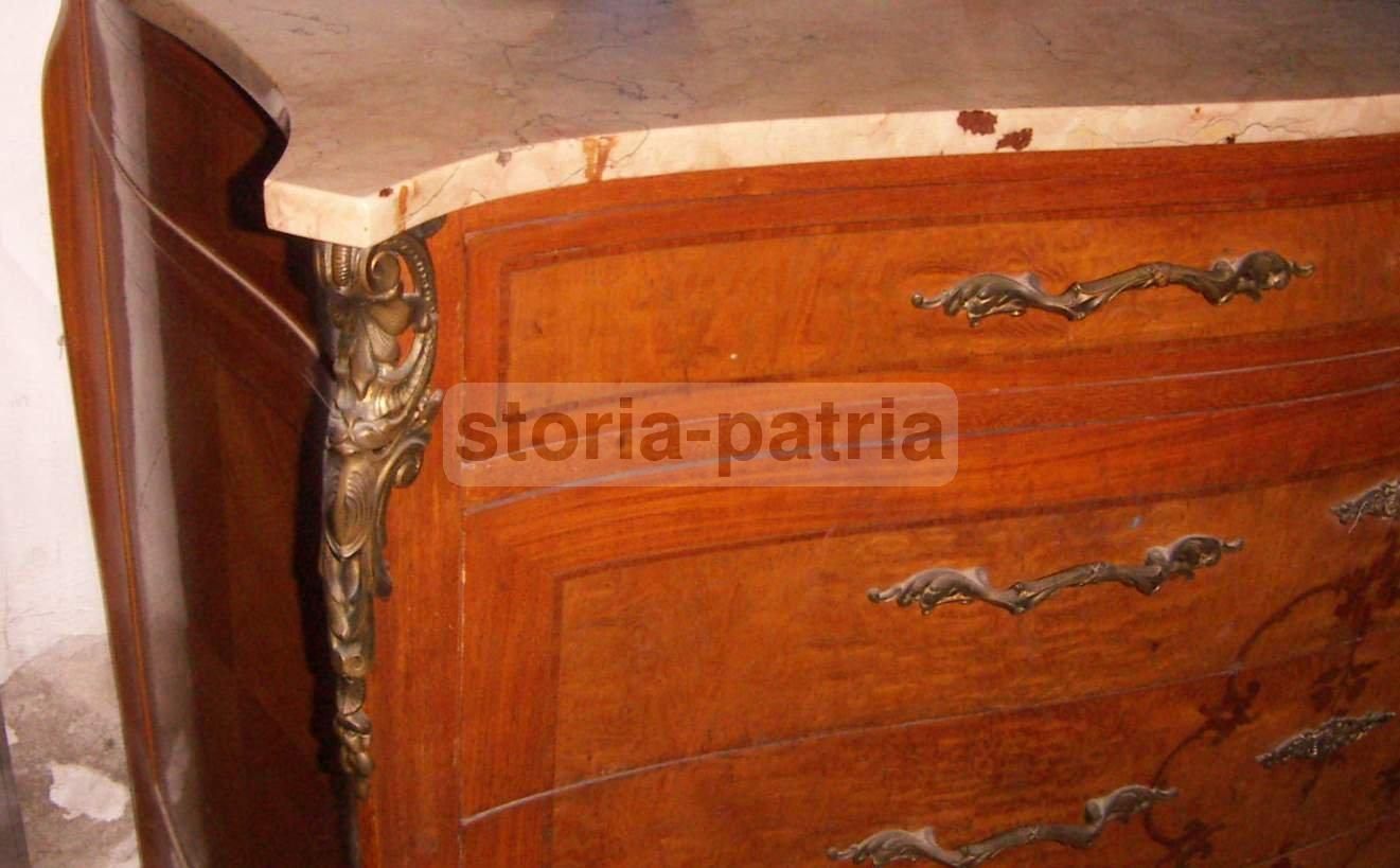 Cassettiera Comò Intarsiata Cantù Primi '900 Con Marmo E Ottone