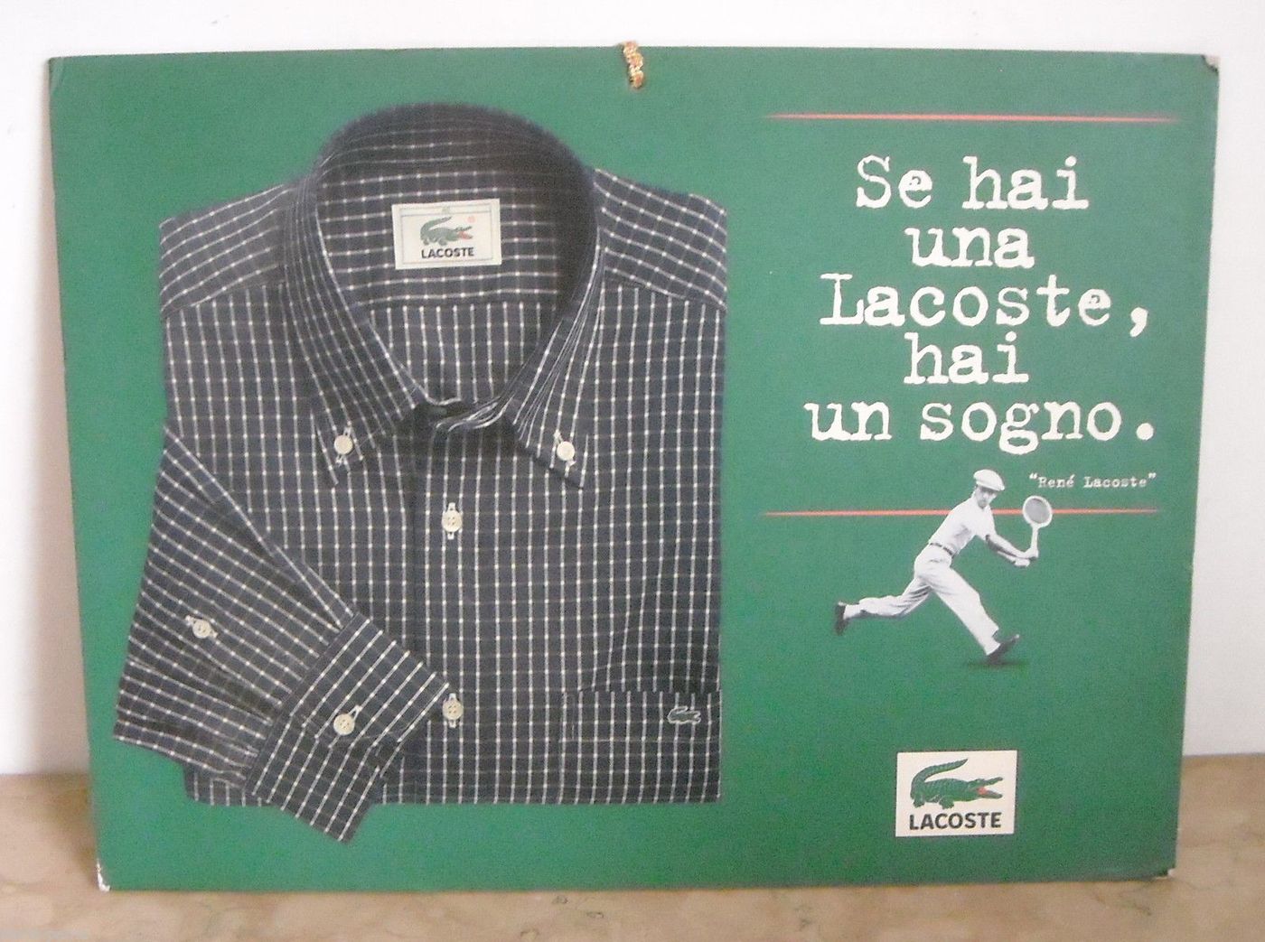 Cartello Pubblicitario Lacoste Tennis Vintage Anni 1980 90