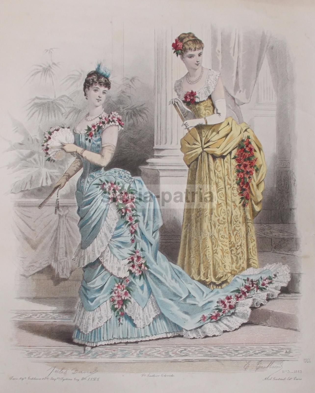 Stampa Antica Moda Femminile 1883: Figurini E Abiti Floreali, Parigi
