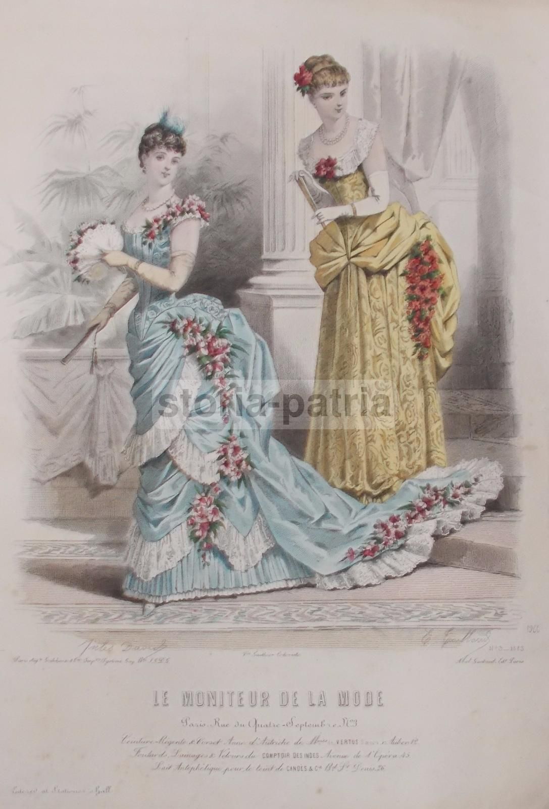 Stampa Antica Moda Femminile 1883: Figurini E Abiti Floreali, Parigi