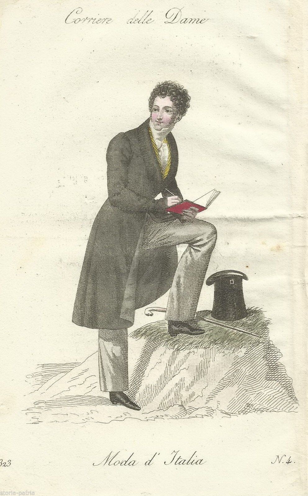Incisione Originale 1823 Moda Maschile Scrittore Elegante Epoca