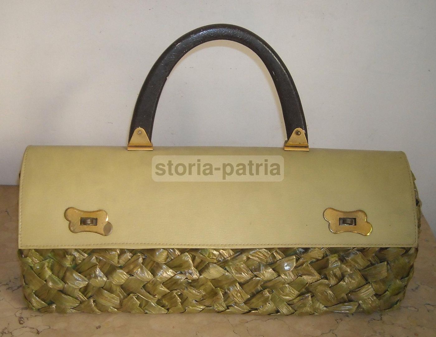 Borsa Da Passeggio Vintage In Paglia Intrecciata Verde E Pelle, Anni '30 '60