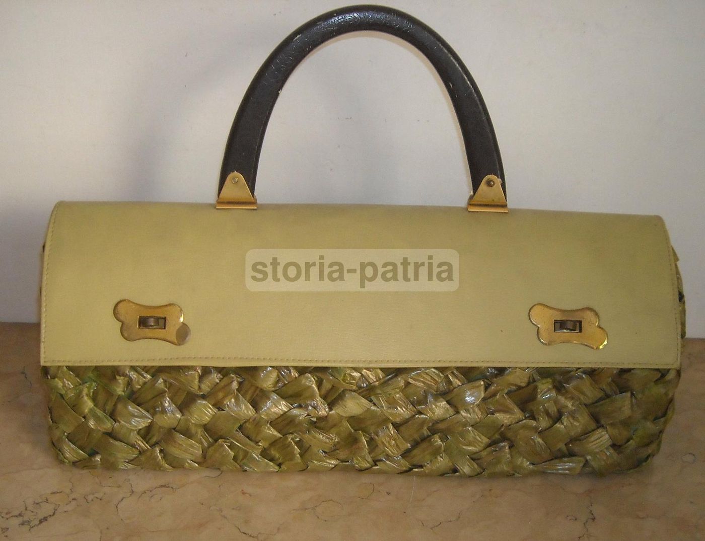 Borsa Da Passeggio Vintage In Paglia Intrecciata Verde E Pelle, Anni '30 '60