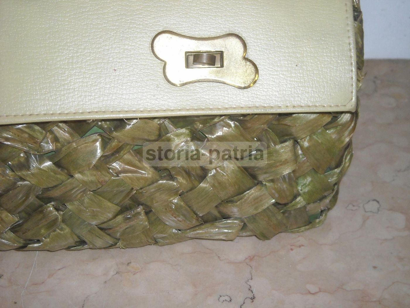 Borsa Da Passeggio Vintage In Paglia Intrecciata Verde E Pelle, Anni '30 '60