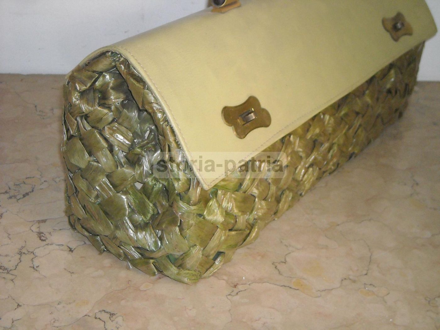 Borsa Da Passeggio Vintage In Paglia Intrecciata Verde E Pelle, Anni '30 '60