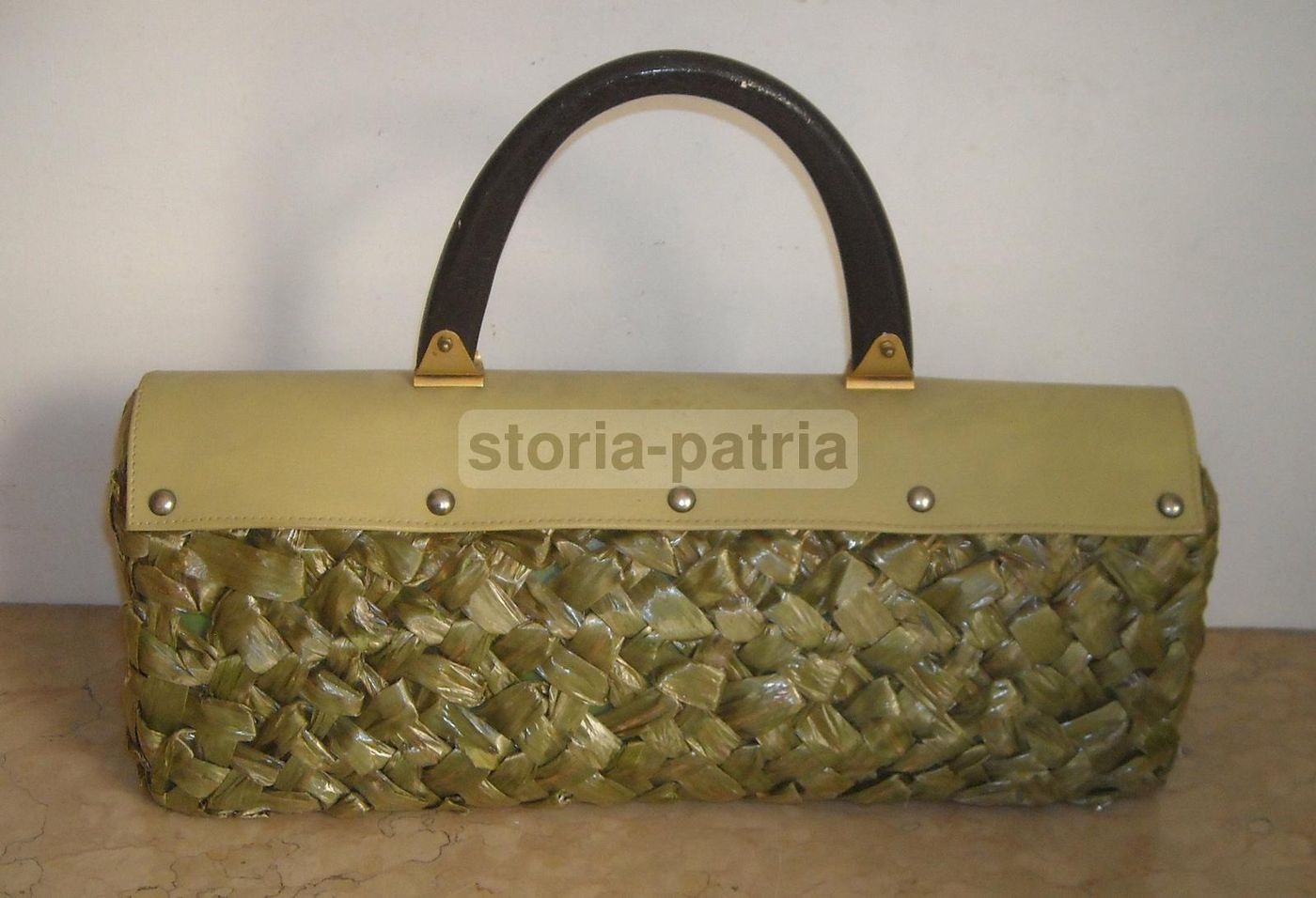 Borsa Da Passeggio Vintage In Paglia Intrecciata Verde E Pelle, Anni '30 '60