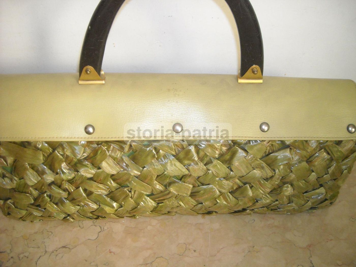 Borsa Da Passeggio Vintage In Paglia Intrecciata Verde E Pelle, Anni '30 '60