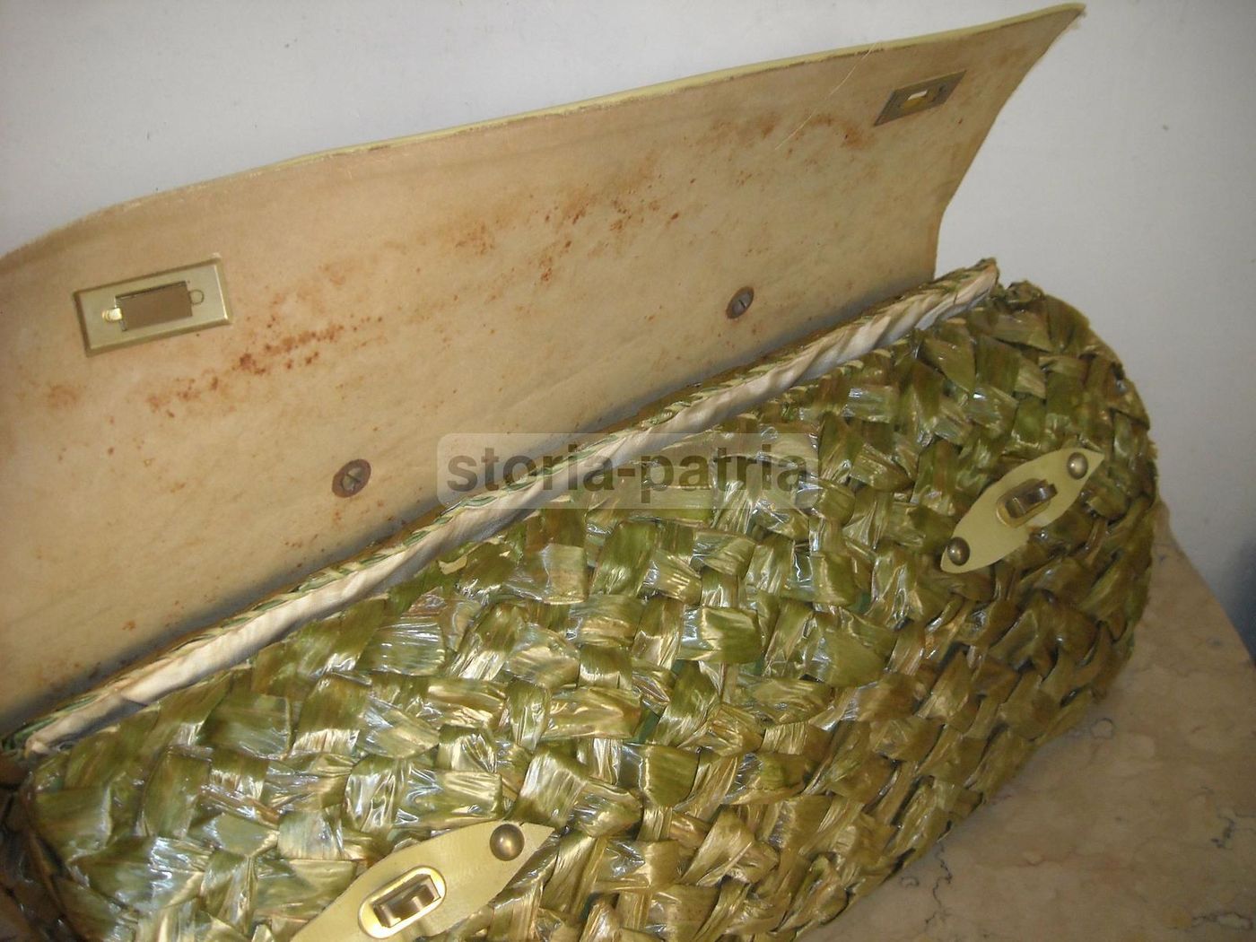 Borsa Da Passeggio Vintage In Paglia Intrecciata Verde E Pelle, Anni '30 '60