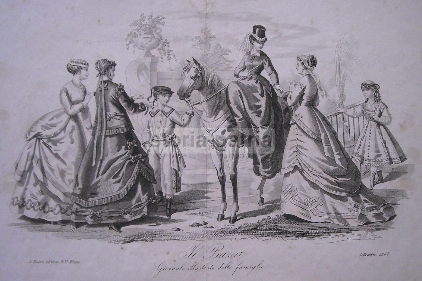 Moda Femminile 1867 Gandin Il Bazar Incisione Antica Milano