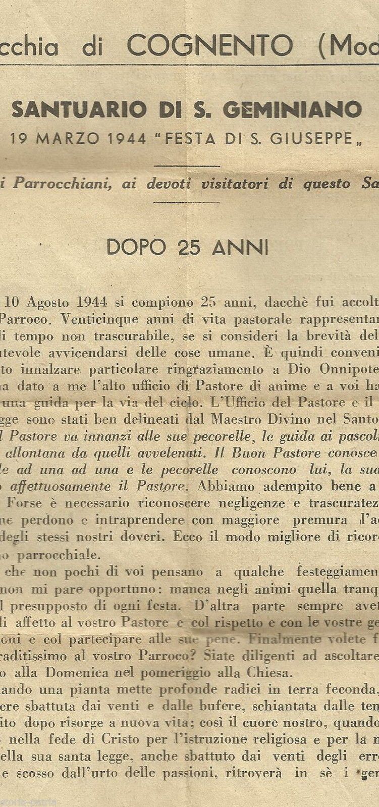 Volantino Festa San Giuseppe 1944 Santuario Cognento Modena