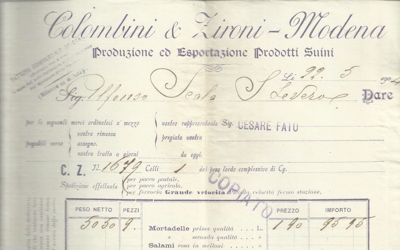 Fattura Pubblicitaria Colombini & Zironi Modena, 1904